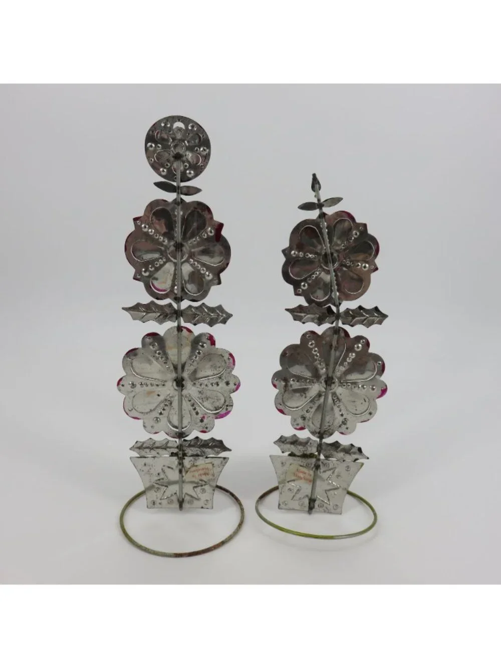 VTG Punch Tin Folk Art Pair 2 Candle Holders Pink Yellow Green Retro Christmas